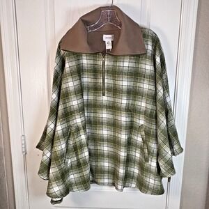 Heyson Women's Zip Pullover Poncho Jacket M/L NWT Olive Cream‎ Plaid Collar Cozy